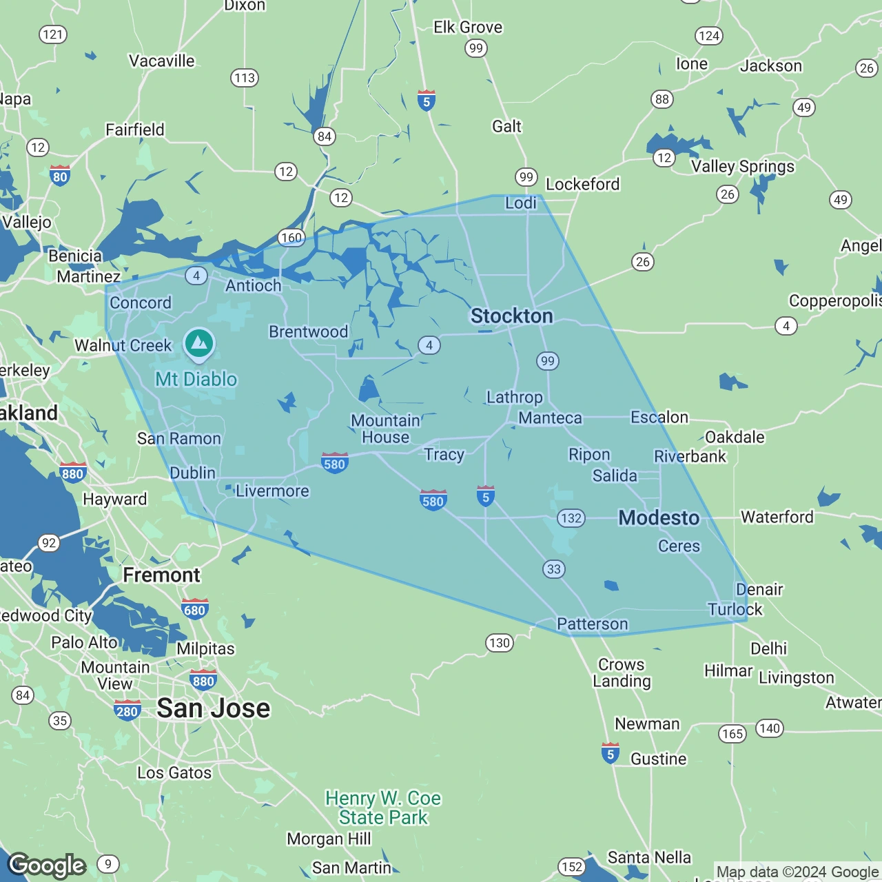 Map showing Artisan Electrical service area in Tracy, CA